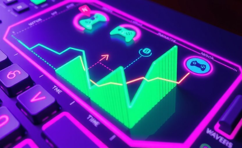 Holographic charts representing gaming industry trends