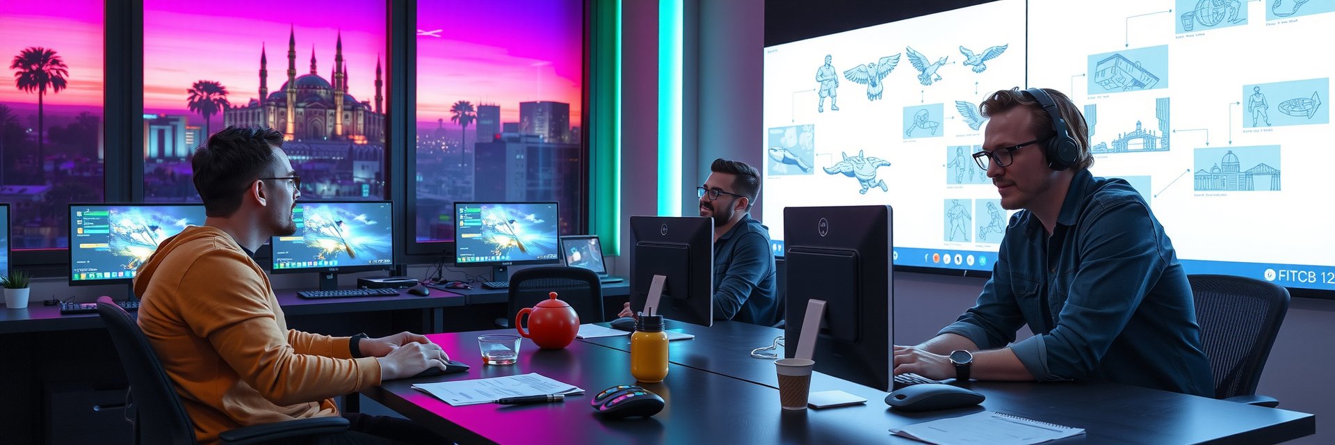 Futuristic game development team collaborating in innovative office