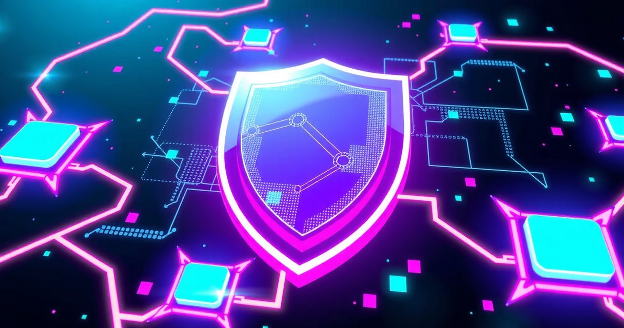 Futuristic digital shield protecting data streams in a gaming context, representing secure cookie usage at PixelForge Games